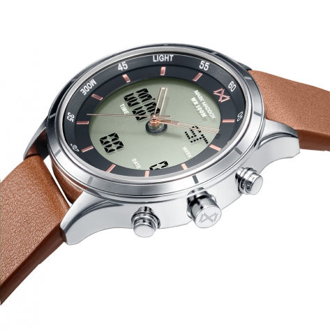 Shibuya Mark Maddox Shibuya analog and digital stainless steel men's watch with brown synthetic leather band