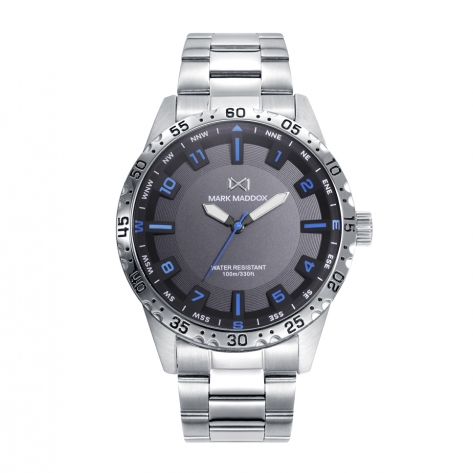 MISSION men's watch with grey dial, blue hour markers and stainless steel bracelet MISSION men's watch with grey dial, blue hour markers and stainless steel bracelet