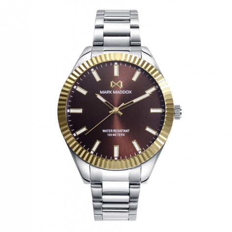 Shibuya SHIBUYA men's watch with gold-coloured aluminium bezel, brown dial and stainless steel bracelet