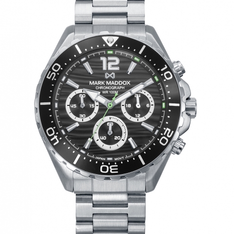 Mission Reloj Mark Maddox de hombre caja de acero con bisel de aluminio en negro, 10 Atm, brazalete de acero , movimiento cuarzo
