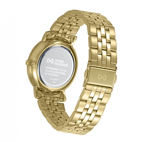 Greenwich Reloj Mark Maddox de hombre caja de acero Ip dorado, 5 Atm , brazalete de acero Ip dorado, movimiento cuarzo