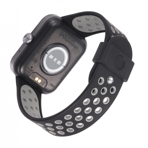 Smart Now · Smart Watches Schwarze Smartwatch schwarzes Polycarbonatgehäuse und zweifarbiges schwarzes und graues Silikonarmband mit Perforationen