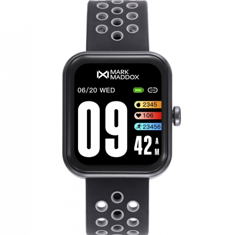 Smart Now · Smart Watches Schwarze Smartwatch schwarzes Polycarbonatgehäuse und zweifarbiges schwarzes und graues Silikonarmband mit Perforationen