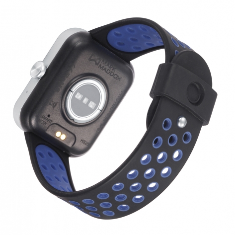 Smart Now · Smart Watches Schwarze Smartwatch schwarzes Polycarbonatgehäuse und zweifarbiges schwarz-blaues Silikonarmband mit Perforationen