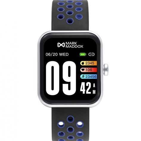 Smart Now · Smart Watches Schwarze Smartwatch schwarzes Polycarbonatgehäuse und zweifarbiges schwarz-blaues Silikonarmband mit Perforationen