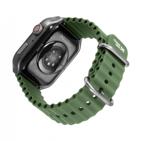 Smart Now · Smart Watches Schwarze Smartwatch silbernes Metallgehäuse und grünes Silikonarmband