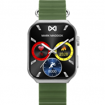 Schwarze Smartwatch silbernes Metallgehäuse und grünes Silikonarmband
