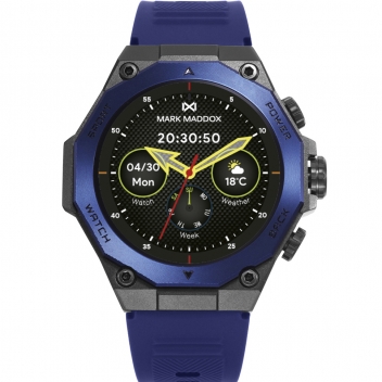 Reloj Smart de metal negro con bisel azul y correa de Silicona azul