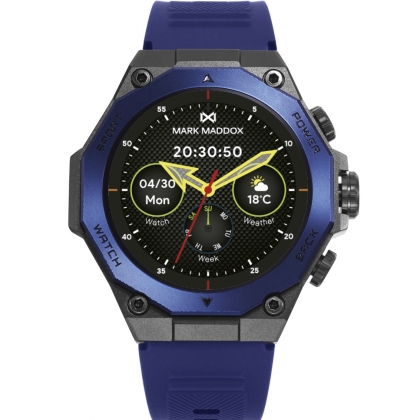 Reloj Smart de metal negro con bisel azul y correa de Silicona azul