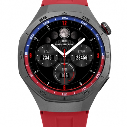Reloj Smart caja de metal negra con correa de silicona roja
