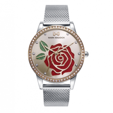 Reloj de mujer Tooting con flor en glitter rojo y malla de acero Reloj de mujer Tooting con flor en glitter rojo y malla de acero
