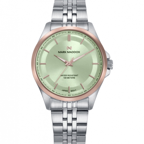Marais Relógio de mulher com caixa bicolor em aço e IP rosa, esfera verde e bracelete em aço. Design atual com resistência à água de 10 ATM