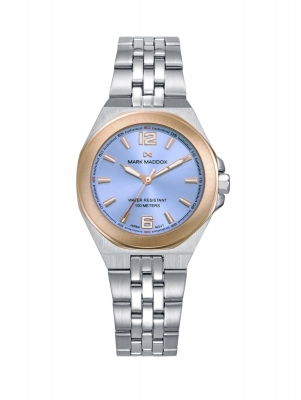 Marais Reloj de mujer bitono con esfera azul, caja de acero e Ip rosa y brazalete de acero