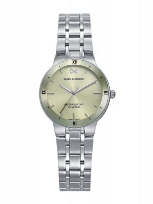 Mission Reloj de mujer con caja de acero, bisel verde y brazalete de acero. Diseño actual con esfera verde y resistencia al agua de 10 ATM