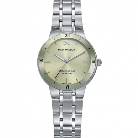 Mission Reloj de mujer con caja de acero, bisel verde y brazalete de acero. Diseño actual con esfera verde y resistencia al agua de 10 ATM