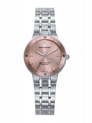 Mission Reloj de mujer con caja de acero, bisel rosa, esfera rosa y brazalete metálico. Resistente al agua hasta 10 ATM