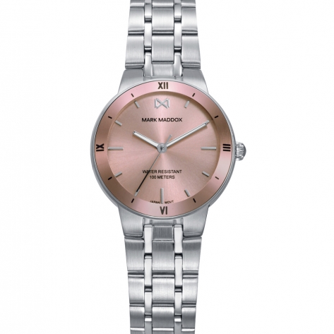 Mission Reloj de mujer con caja de acero, bisel rosa, esfera rosa y brazalete metálico. Resistente al agua hasta 10 ATM