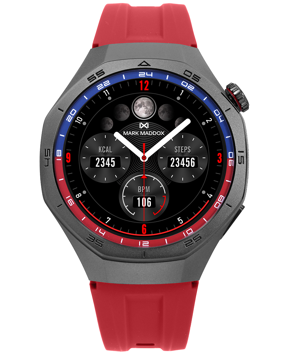 Reloj Smart caja de metal negra con correa de silicona roja
