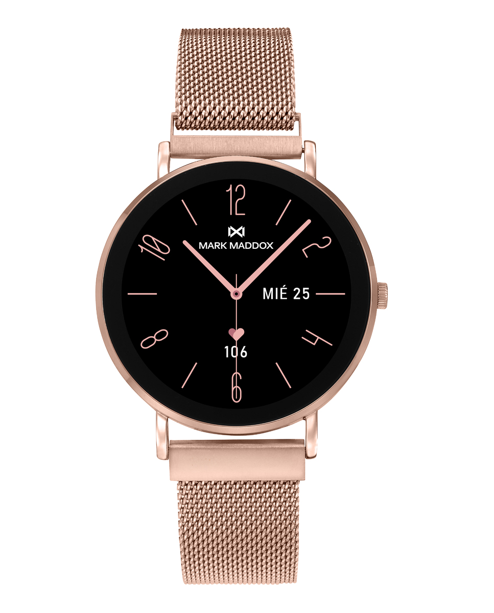 Reloj Smart caja de metal rosado con malla milanesa de acero Ip rosa